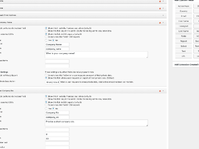 manage-company-contact-fields – Easy Digital Downloads Screenshot showing the management view for custom checkout fields