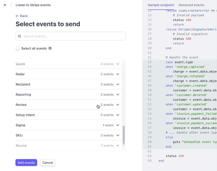 Screenshot: Stripe connect webhook configuration drop-downs – Easy Digital Downloads Screenshot: Stripe connect webhook configuration drop-downs