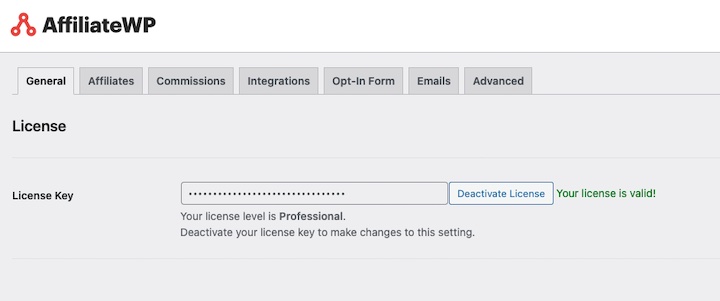 Activating the AffiliateWP plugin license key in WordPress.