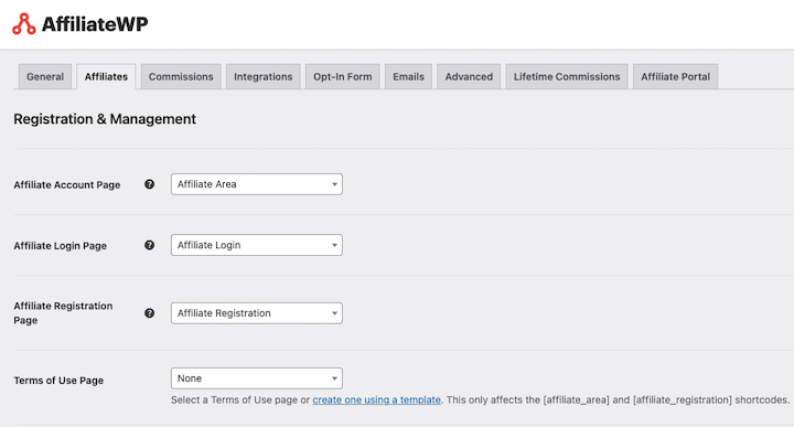 The Affiliate Area registration settings in WordPress.