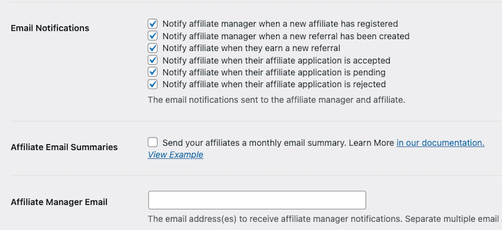 Email settings for affiliate program in WordPress. 