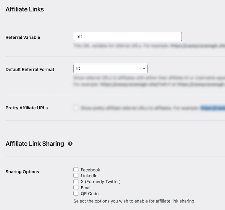 The affiliate link sharing settings in AffiliateWP plugin.