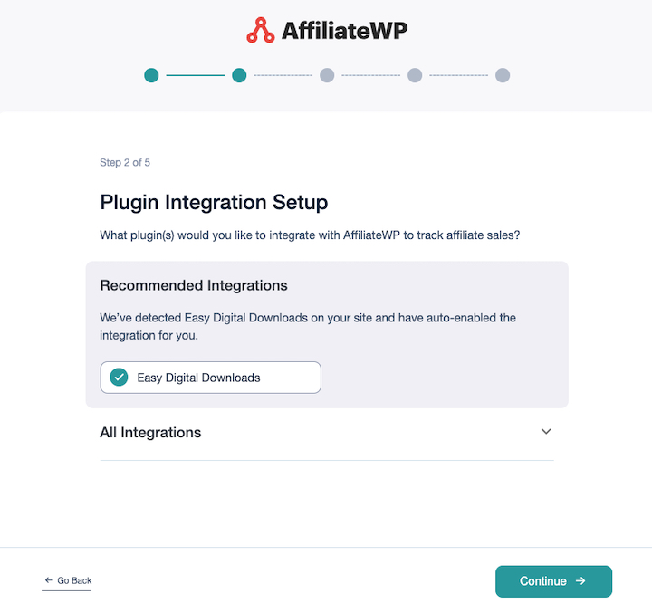 The AffiliateWP setup wizard to create affilaite program in WordPress.