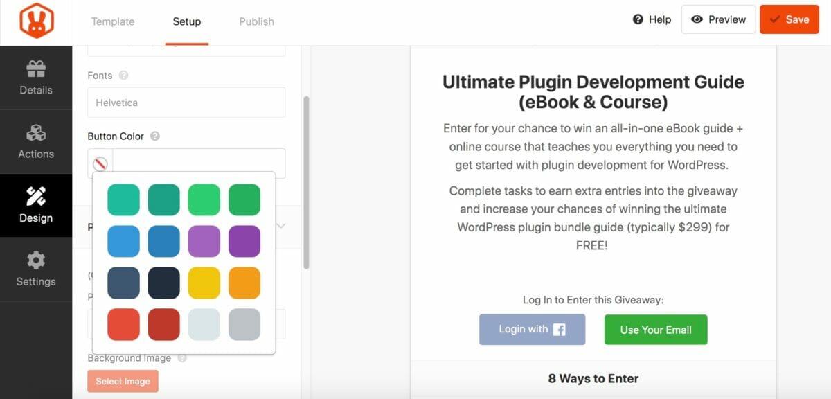 Customizing the design of an online giveaway for WordPress in RafflePress.