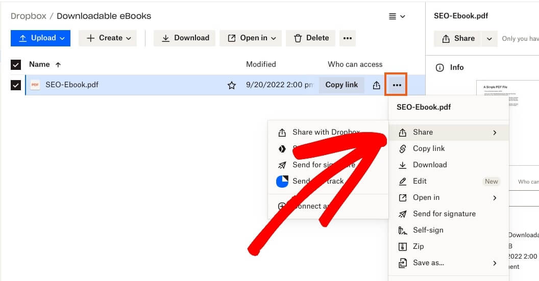 The option to share a PDF file in Dropbox.