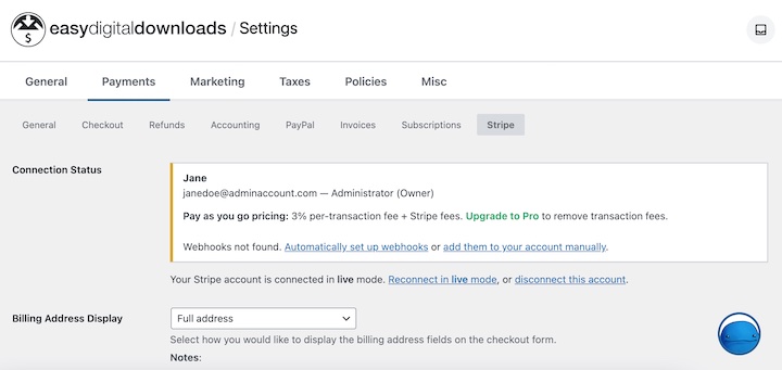 The Easy Digital Downloads Stripe connection status settings screen.
