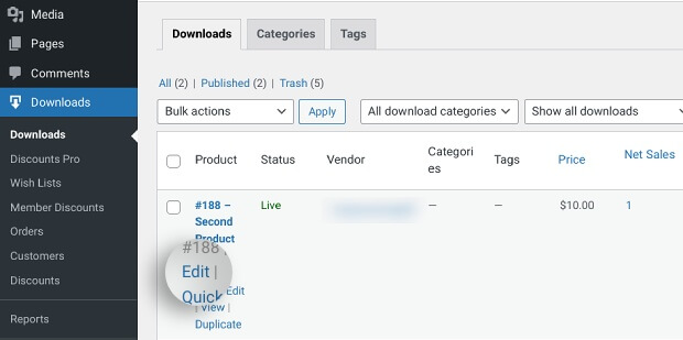 The option to edit a Download in the EDD plugin.