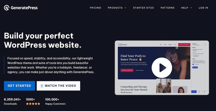 The GeneratePress WordPress theme website.