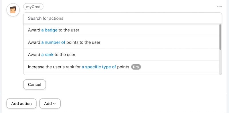 The action options for myCred and Easy Digital Downloads integration.