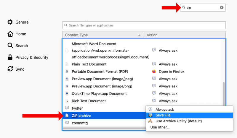 FireFox ZIP file settings