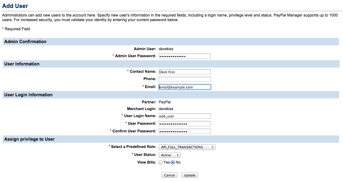 Adding a new PayPal user