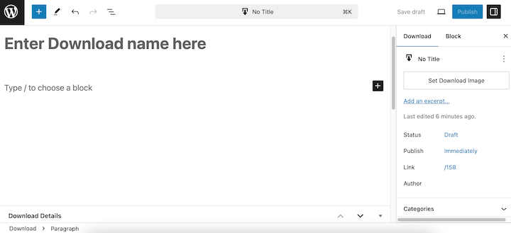Adding a new digital download product page to sell files online in WordPress.