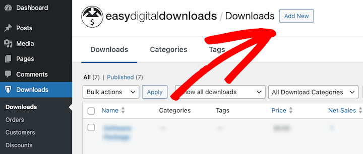 Adding a new EDD digital download in WordPress.