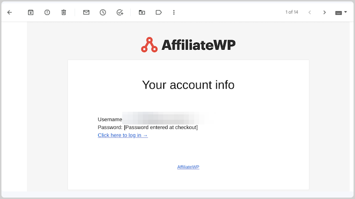AffiliateWP login credentials email.