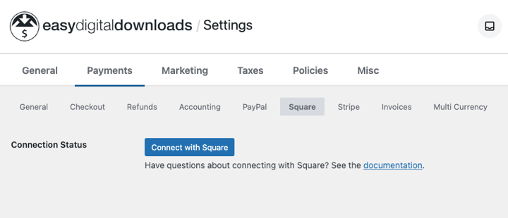 The Square payments settings for Easy Digital Downloads in WordPress.