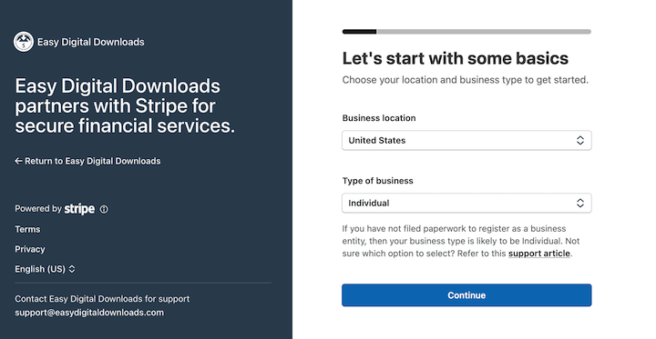 Creating a new account to connect Stripe with Easy Digital Downloads. 