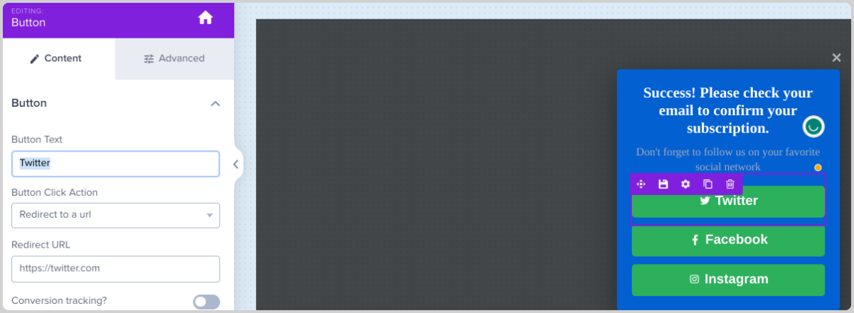 Customizing the success message of an email subscription signup form in OptinMonster.