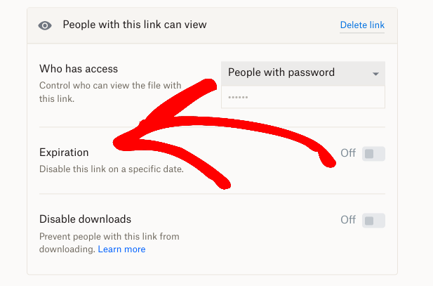 The option to set a link expiration for a file in Dropbox.
