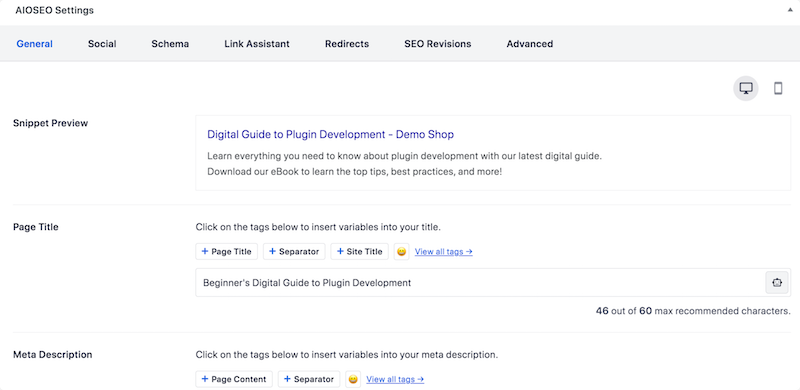 Creating snippets for SEO using the AIOSEO WordPress plugin.