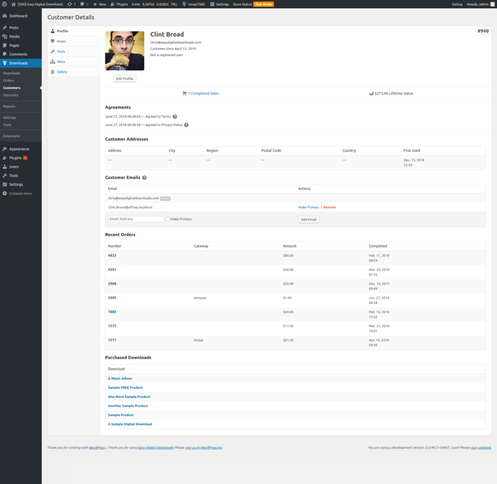 Preview of the Customer Management UI in Easy Digital Downloads 3.0