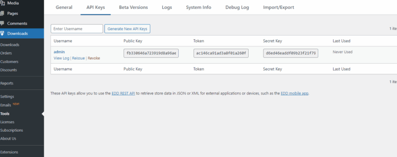 EDD API Keys page – Easy Digital Downloads