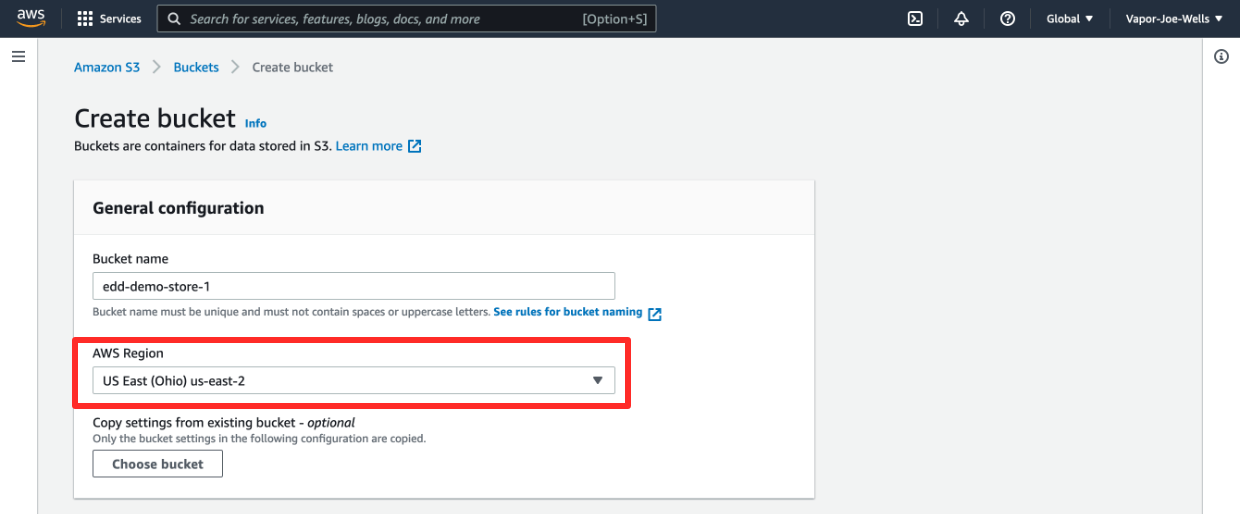 Screenshot: Amazon S3 - AWS Region settings