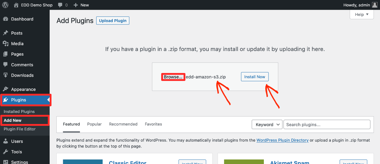 Screenshot: Add EDD's WordPress Amazon S3 Plugin