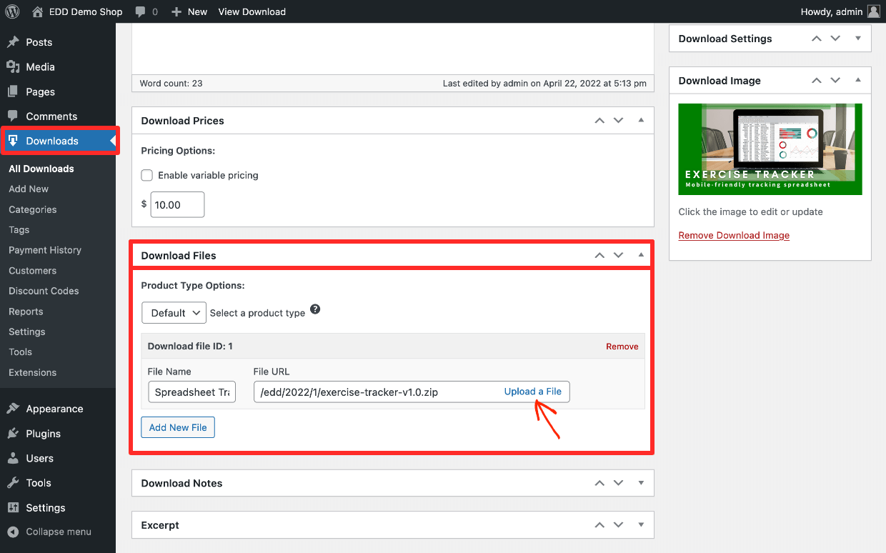 Screenshot: EDD Download File Settings
