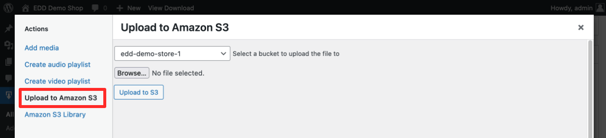 Screenshot: EDD's WordPress Amazon S3 Plugin - New Actions: Upload