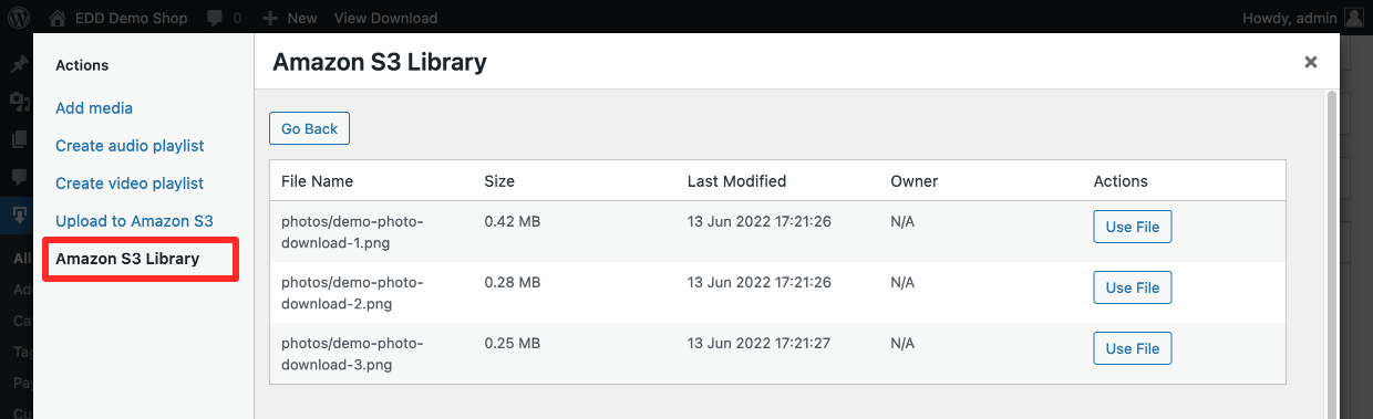 Screenshot: EDD's WordPress Amazon S3 Plugin - New Actions: Library