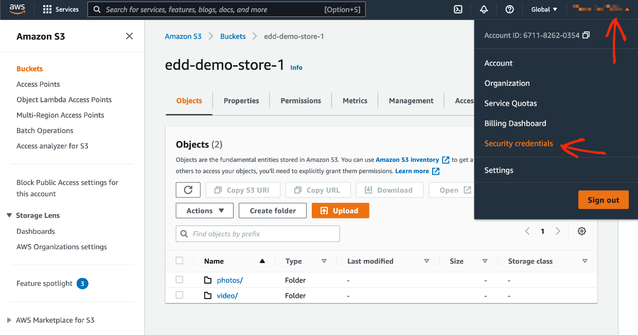 Screenshot: Amazon S3 security credentials