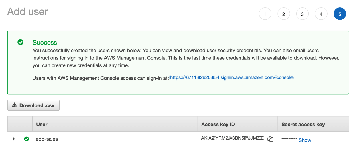 Screenshot: Amazon S3 IMA settings - successful user creation