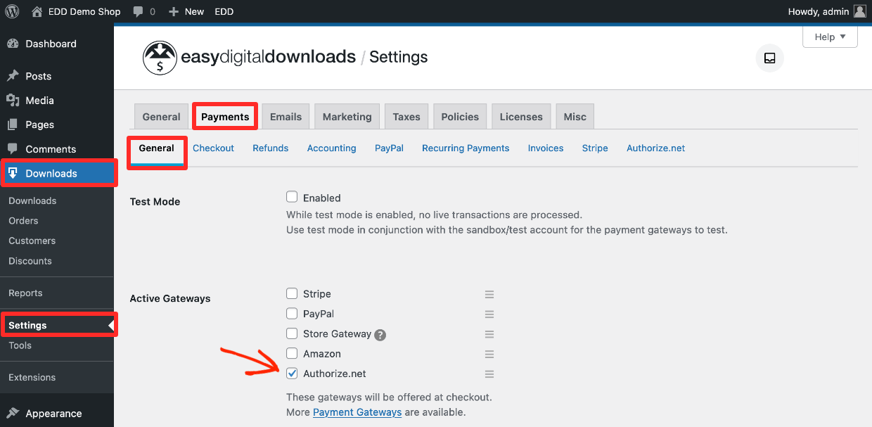 Screenshot: EDD Payment settings