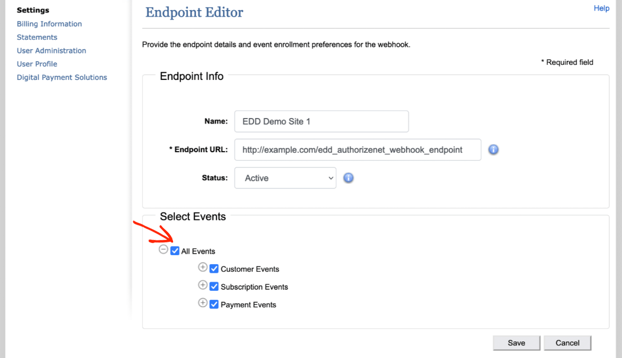 Screenshot: EDD Authorize.net Webhooks