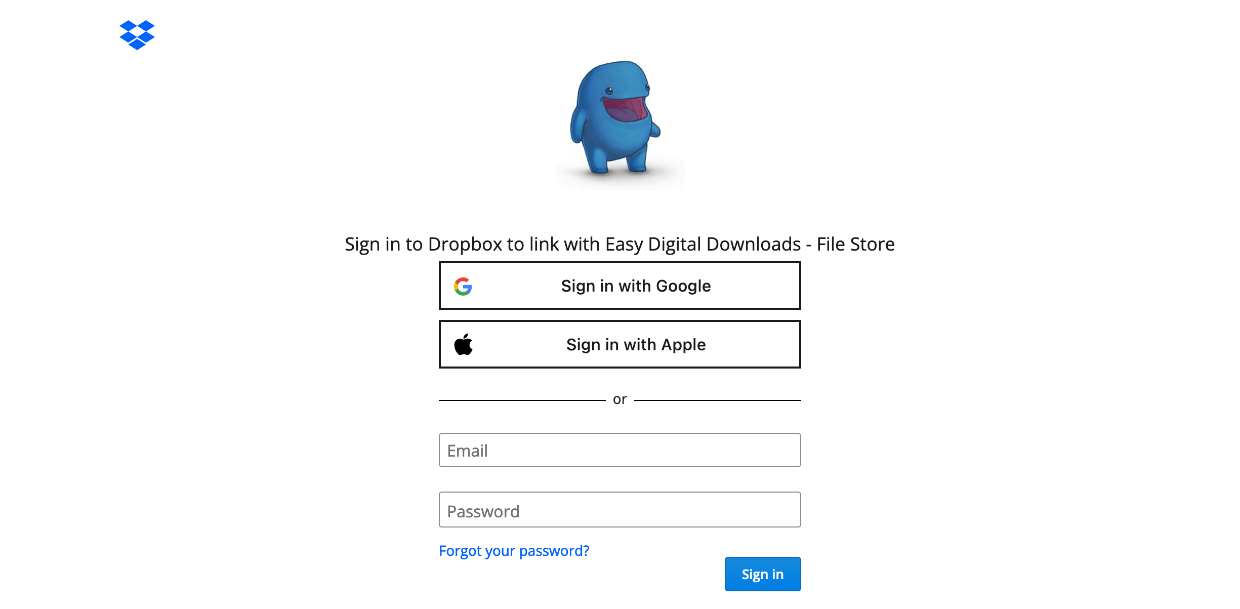 Screenshot: Dropbox settings 1 log in