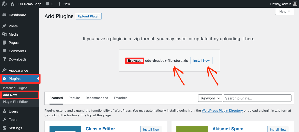 Screenshot: Install Dropbox plugin