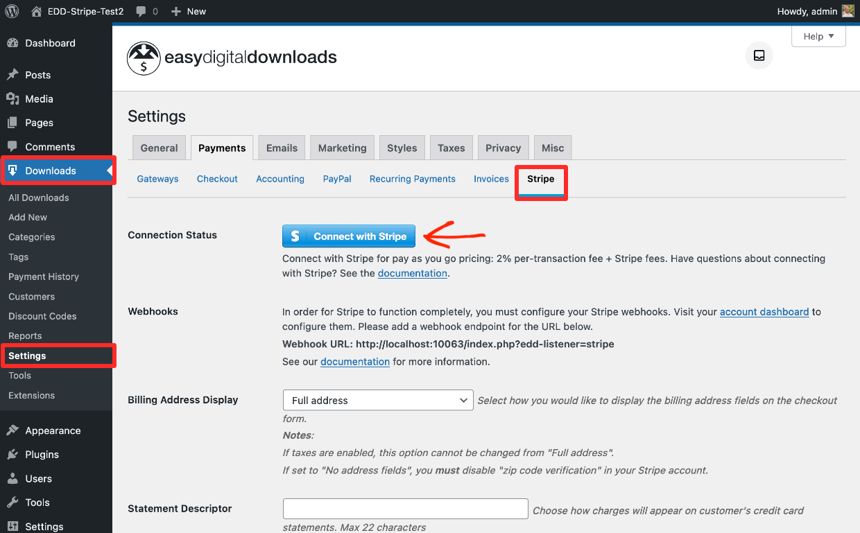 Screenshot: Selling Digital Downloads - Connect with Stripe