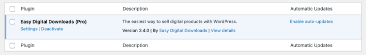 The WordPress plugins screen showing updated version of Easy Digital Downloads.