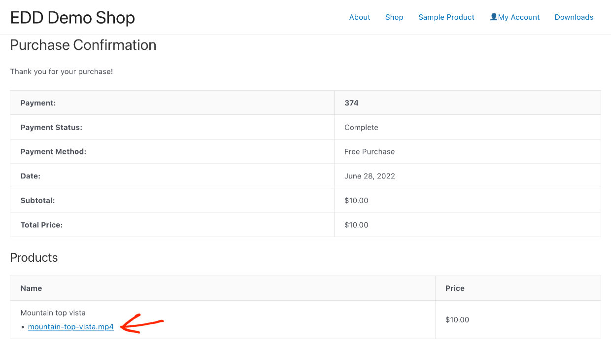 Screenshot: Purchase confirmation page