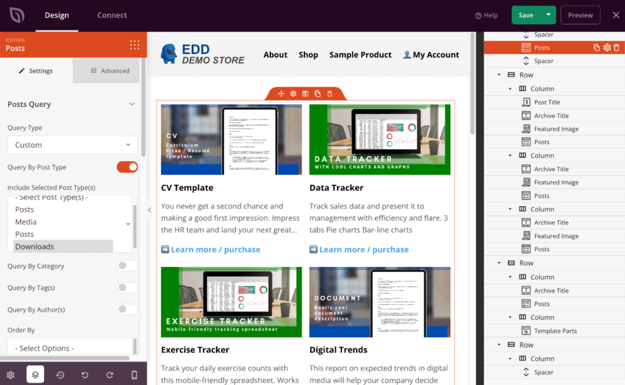 Screenshot: Download archive/list template being edited in SeedProd