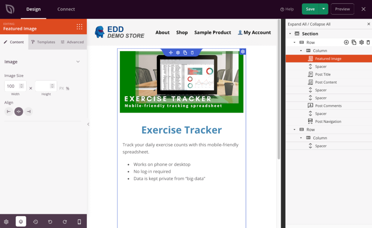 Screenshot: Single download template being edited in SeedProd