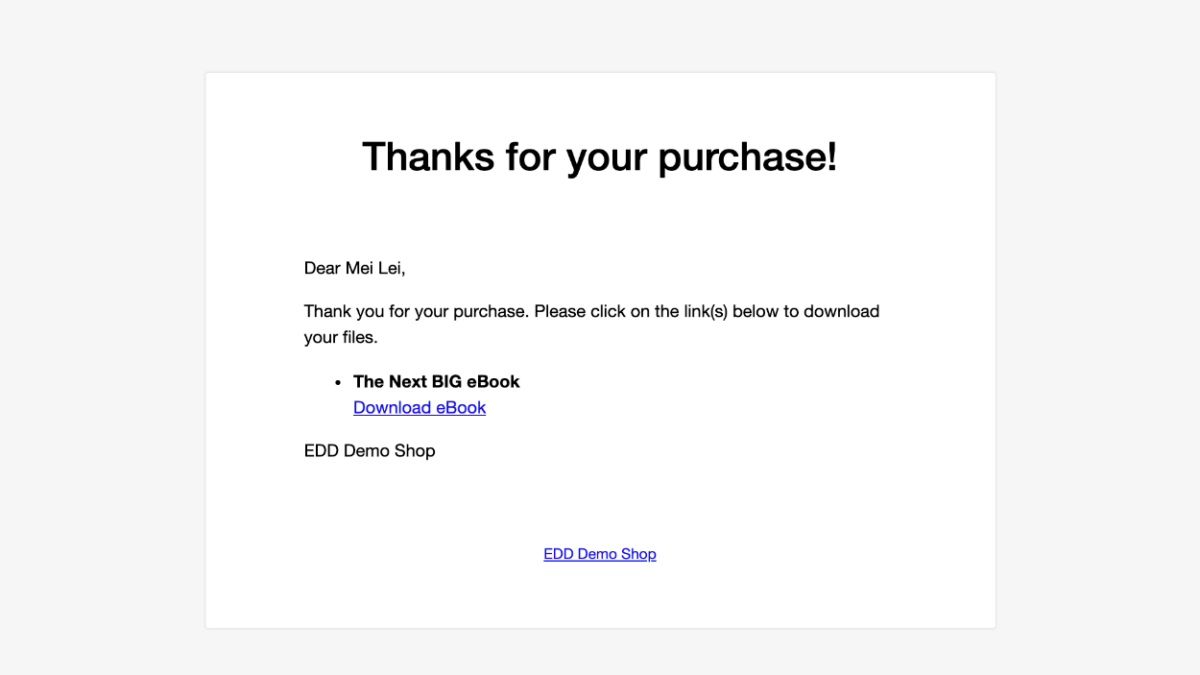 Screenshot: Selling eBooks with WordPress confirmation email
