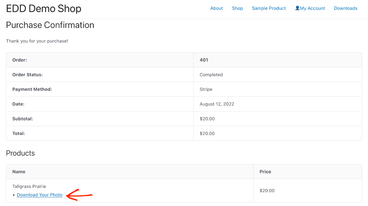 Selling Photos: Purchase Confirmation Page