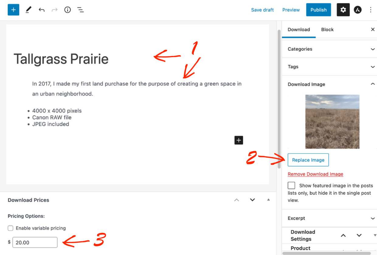 Screenshot: Selling Photos with EDD: Download settings