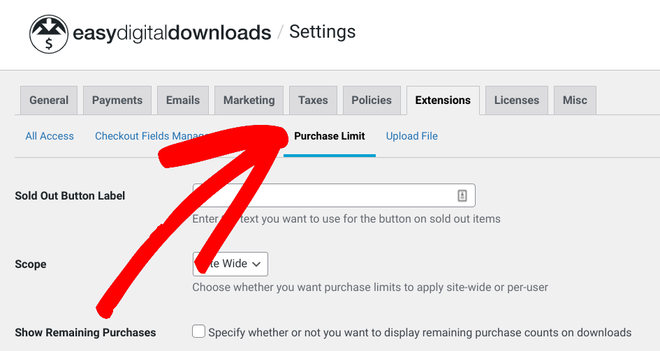 The Purchase Limit settings in EDD.