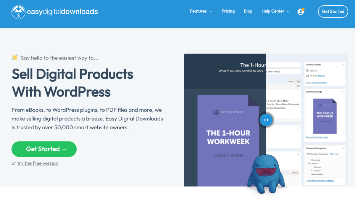 The Easy Digital Downloads website homepage.