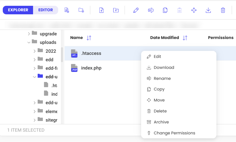 The option to use a File Manager to edit the .htaccess file.