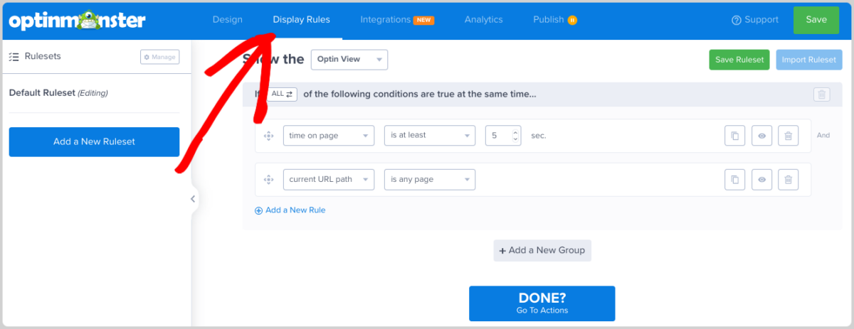 OptinMonster Display Rules for a newsletter subscription form.