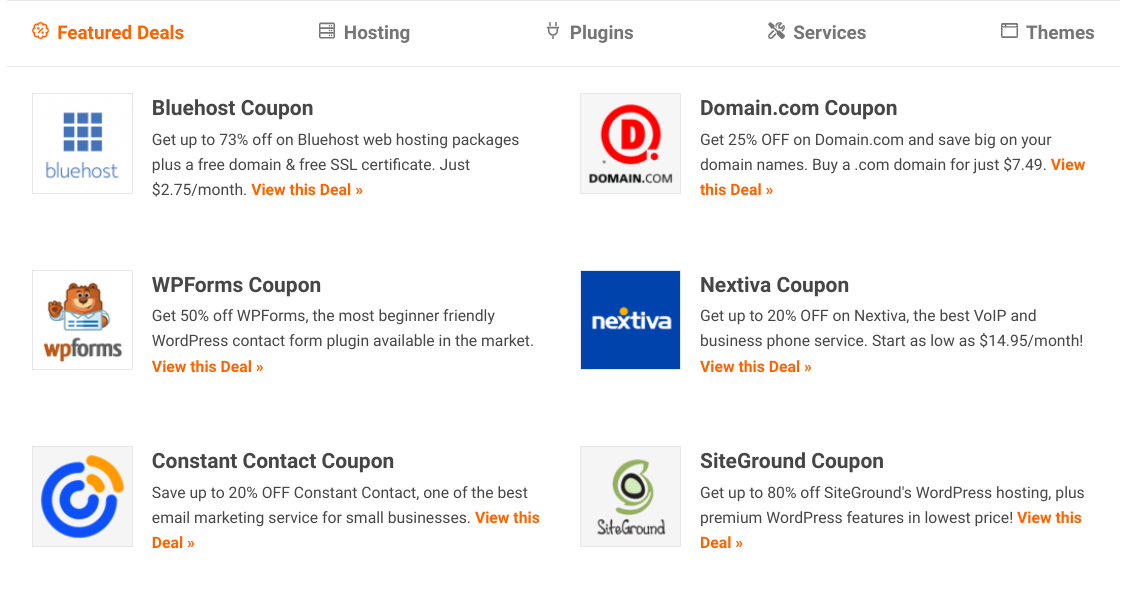 A coupons and discount codes WordPress page example.