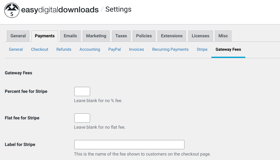 The Gateway Fees settings page in EDD.